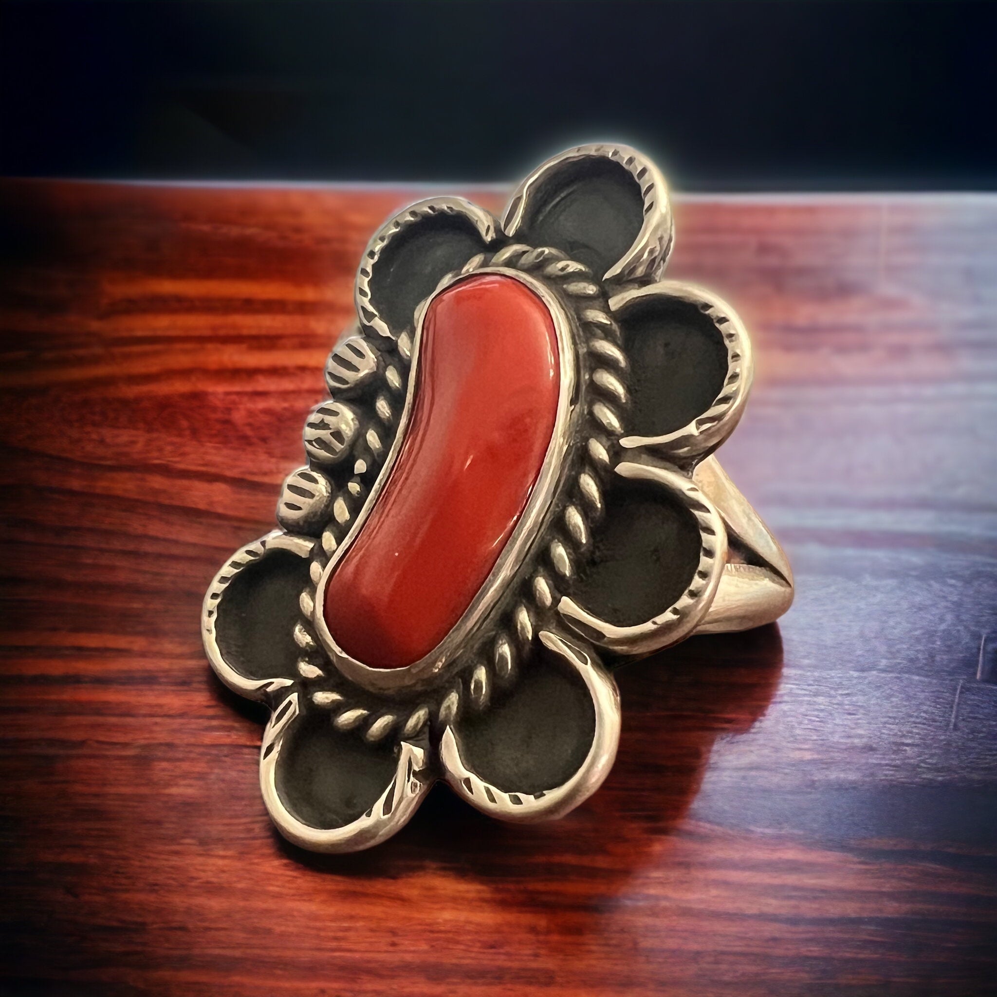 Annie Chapo Hand-Stamped Sterling Silver Coral Ring — Size 7 (Vintage Native American)