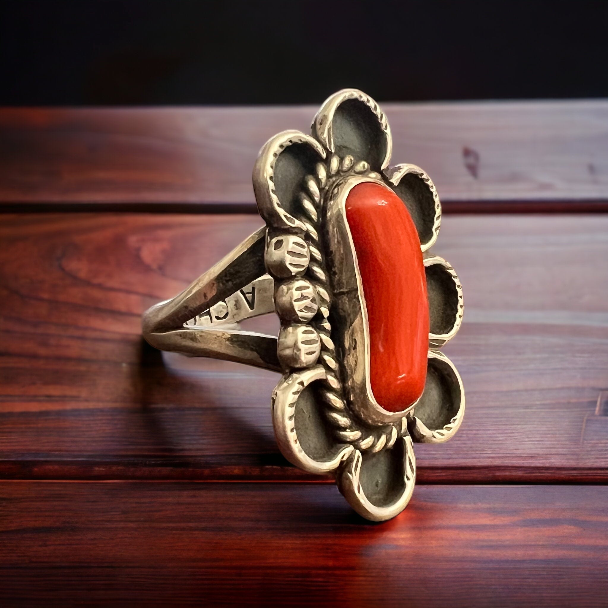 Annie Chapo Hand-Stamped Sterling Silver Coral Ring — Size 7 (Vintage Native American)
