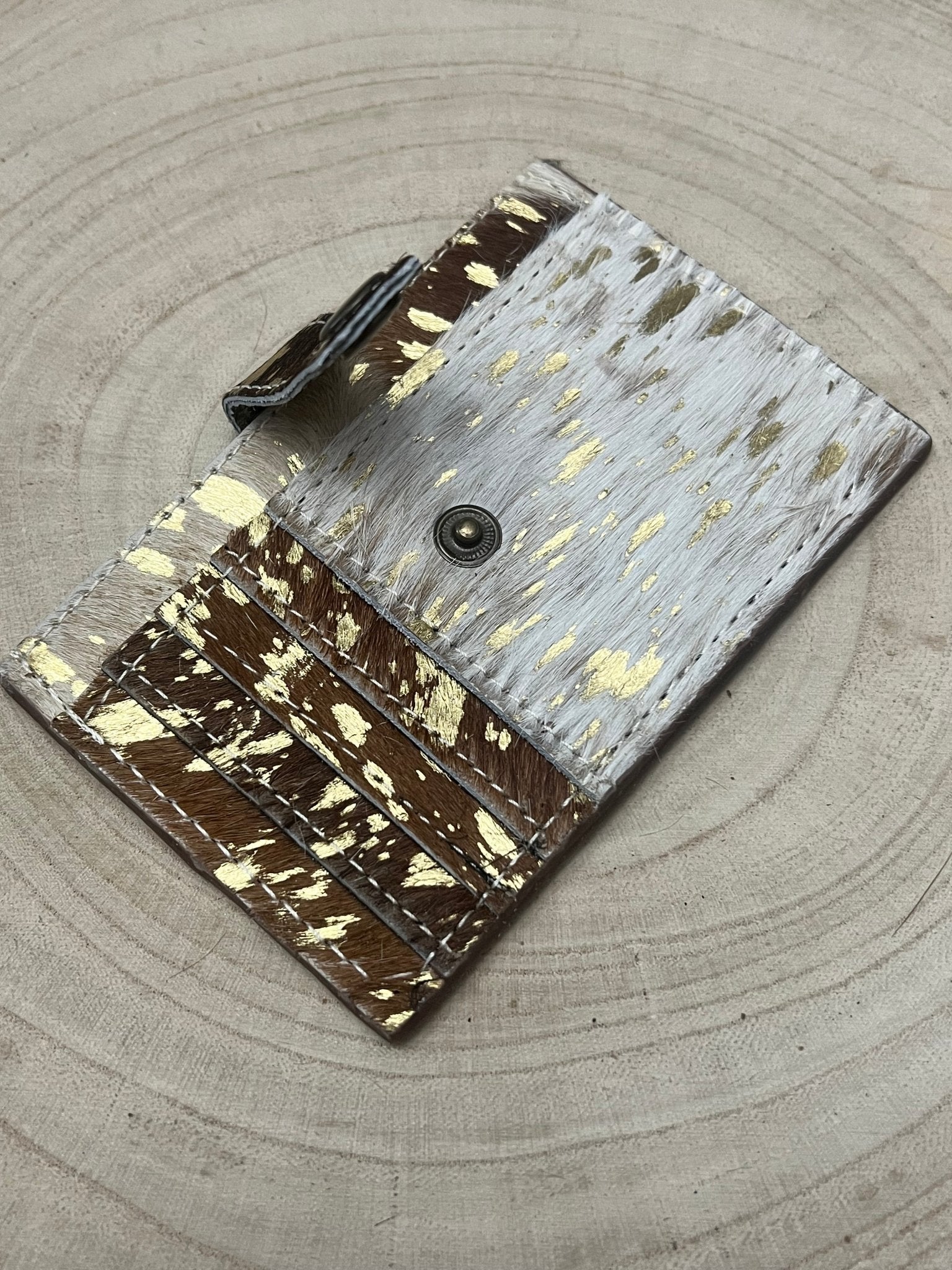 Western Cowhide Credit Card Wallet — Acid Wash Gold Hair-on-Hide (5" x 3" Real Hide)