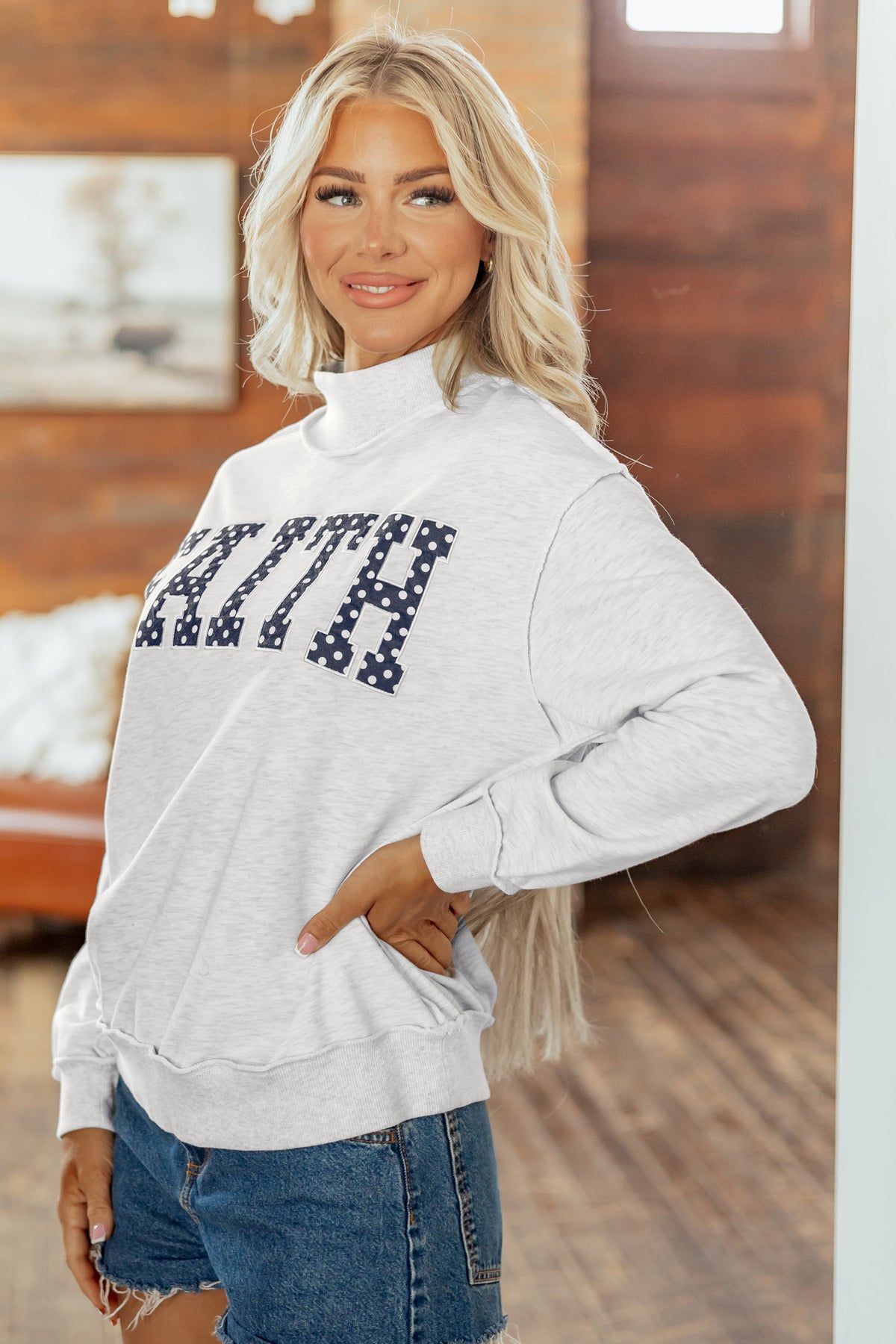 Light Grey FAITH Polka-Dot High-Neck Sweatshirt