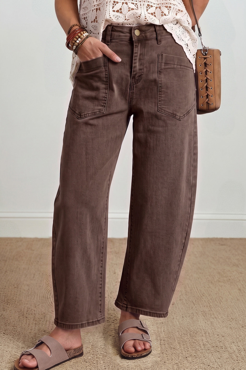 Mid-Rise Square-Pocket Ankle-Length Barrel Jeans