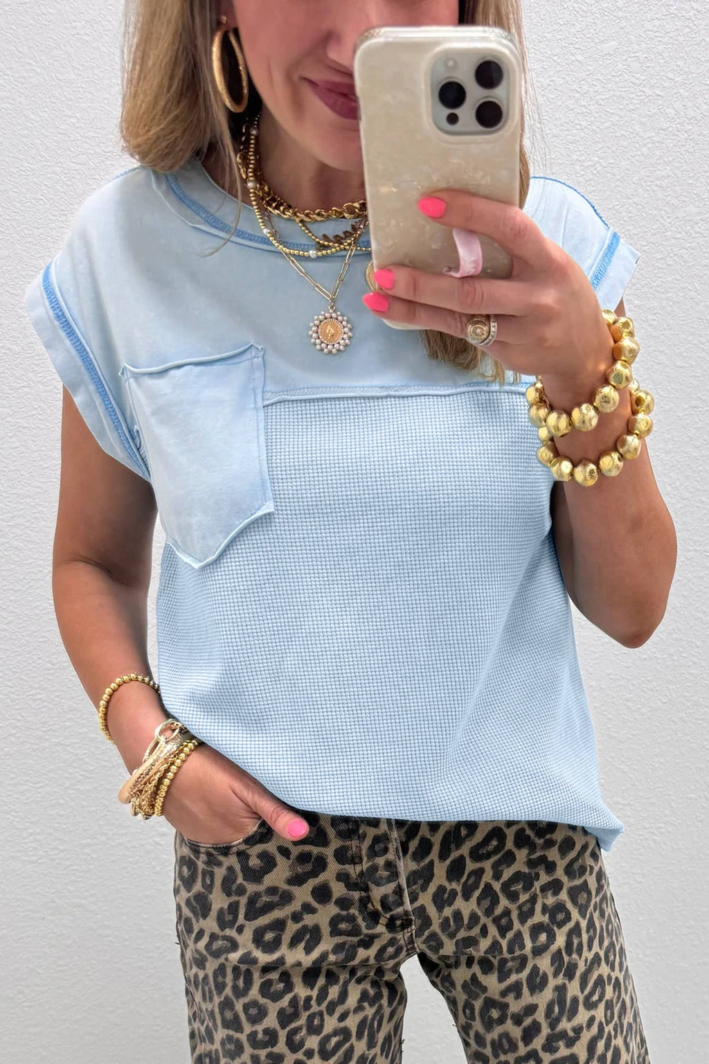 Waffle Knit Raw Seam Patchwork Short Sleeve