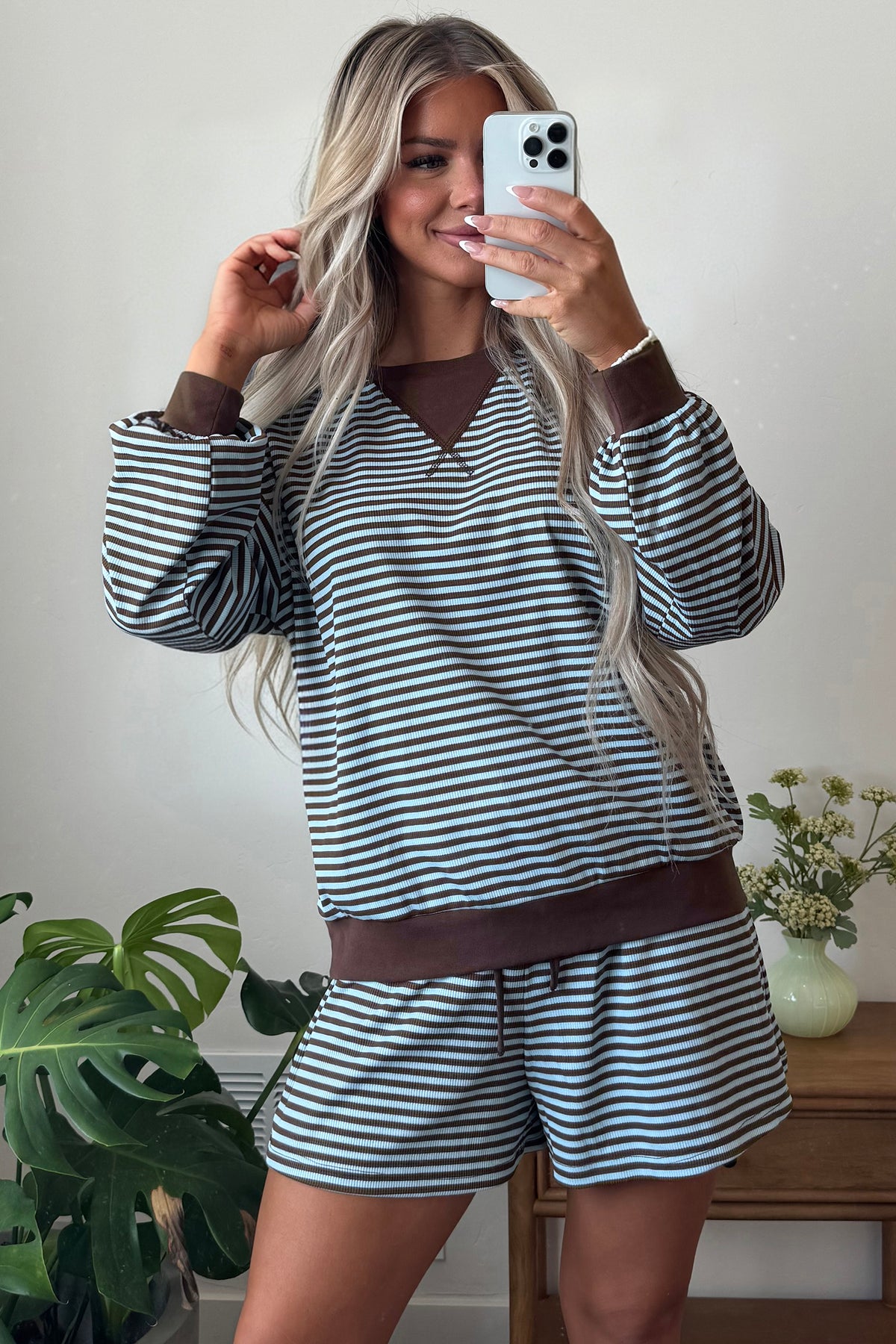 Brown Stripe Oversized Long-Sleeve Top and Drawstring Shorts Set