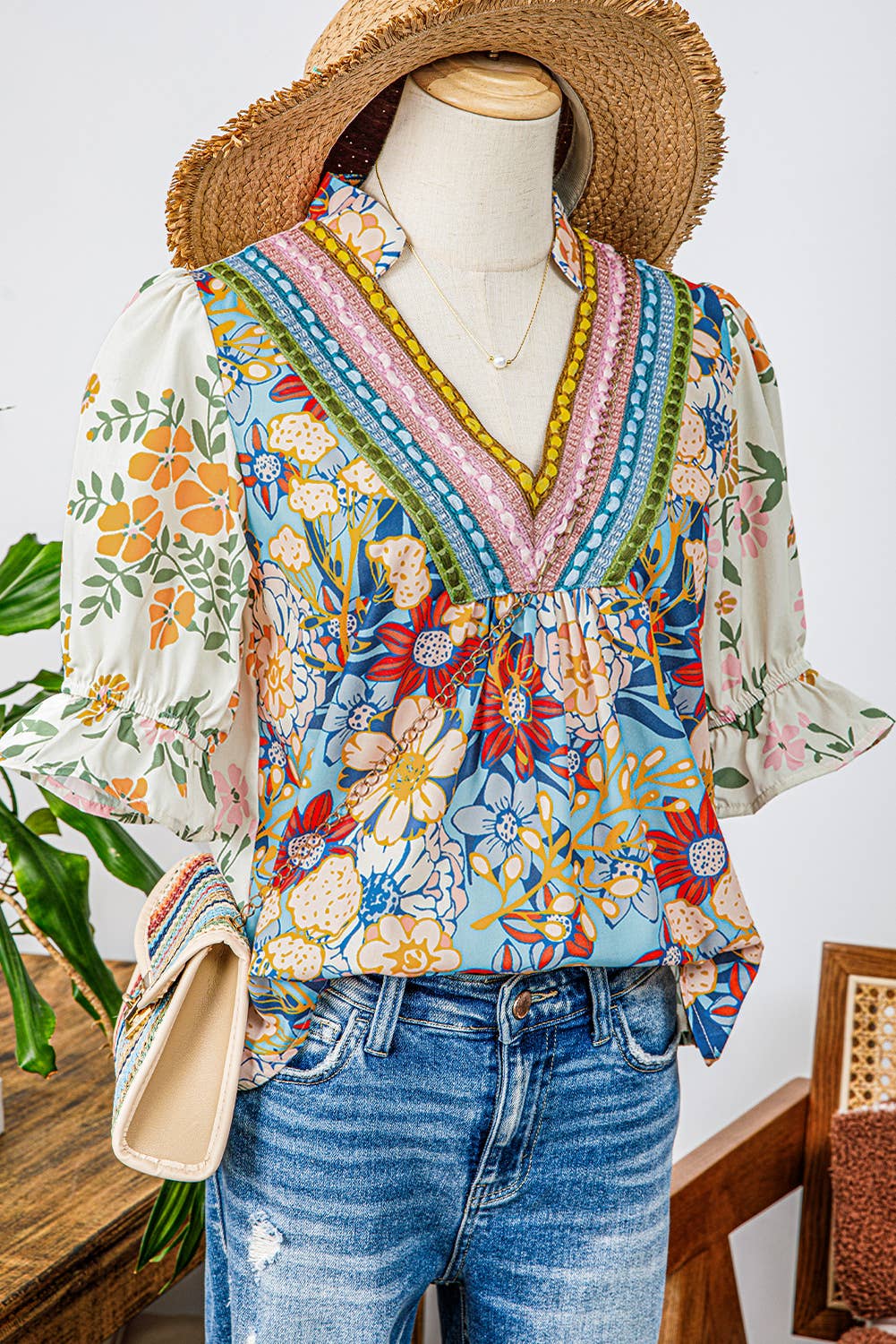 Boho Floral Crochet Half Sleeve Blouse