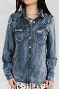 LUCKY & BLESSED Vintage Blue Washed Western Denim Shirt — Concho Button Tencel Cowgirl Statement