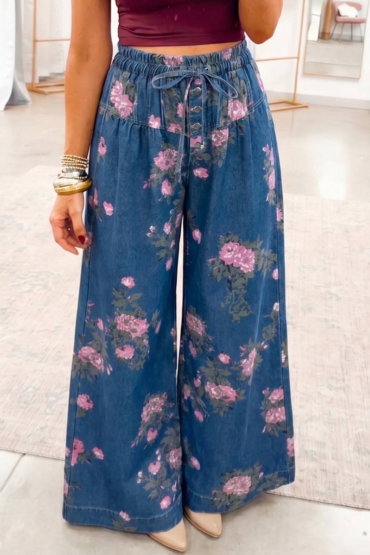 Blue Floral High-Waisted Wide-Leg Jeans