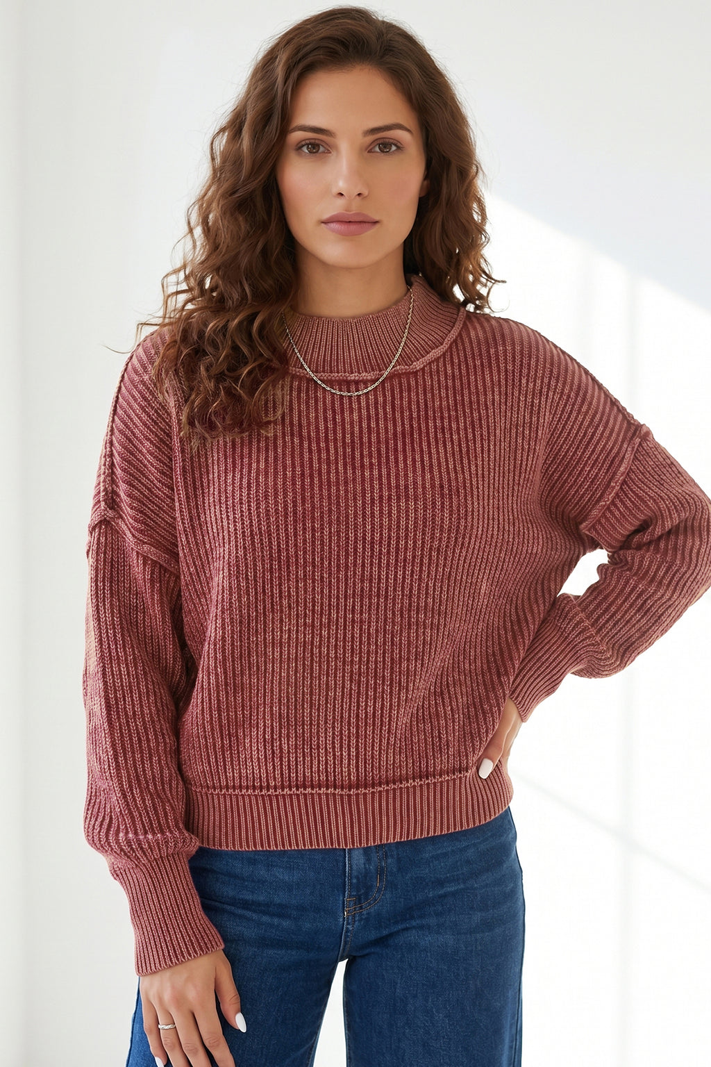 Red Dahlia Ribbed High-Neck Sweater