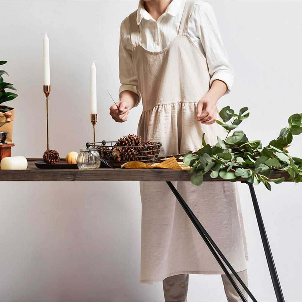 Solid Color Cotton Linen Apron with Pockets