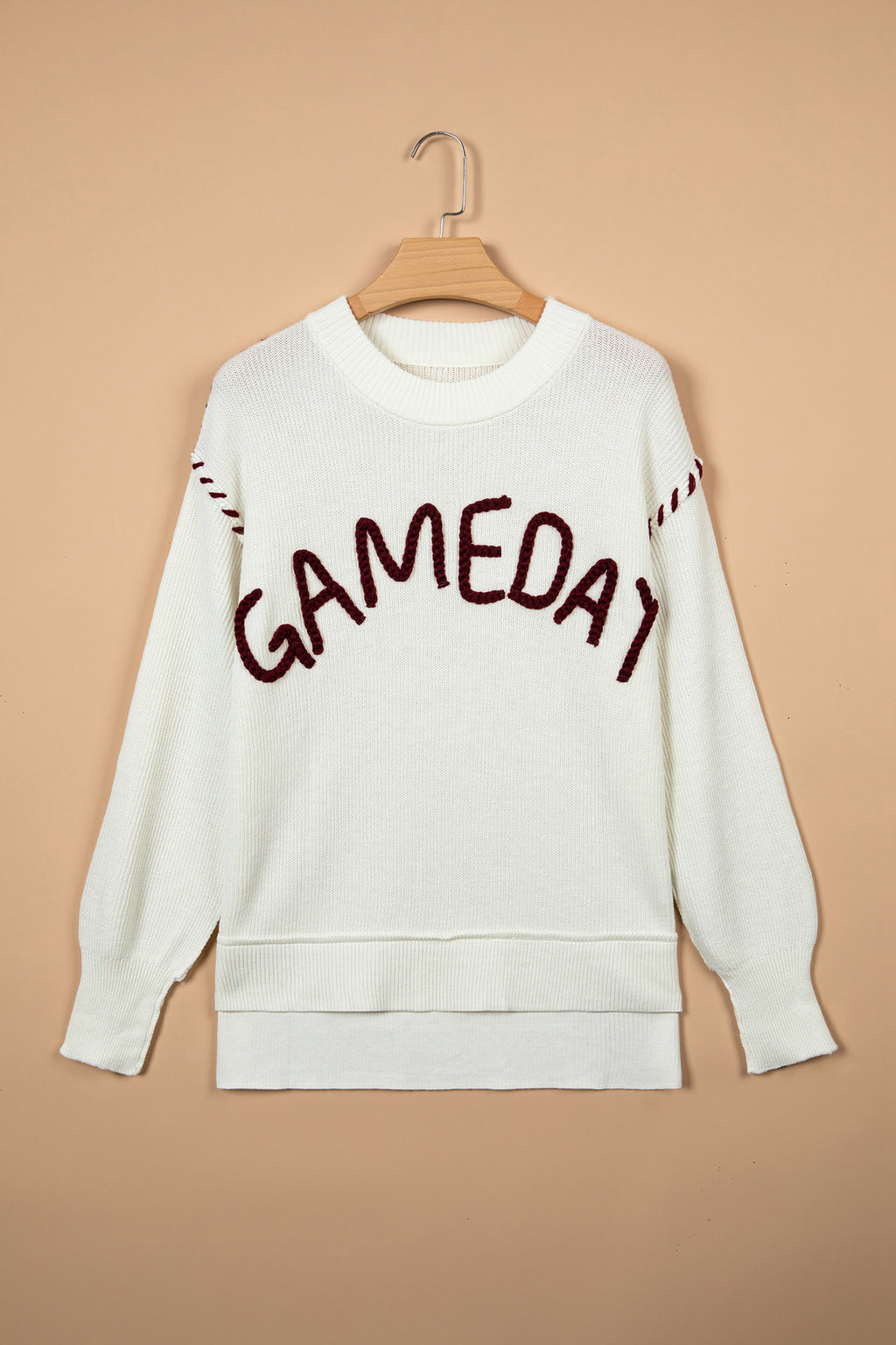 Beige Game Day Embroidered Drop-Shoulder Sweater
