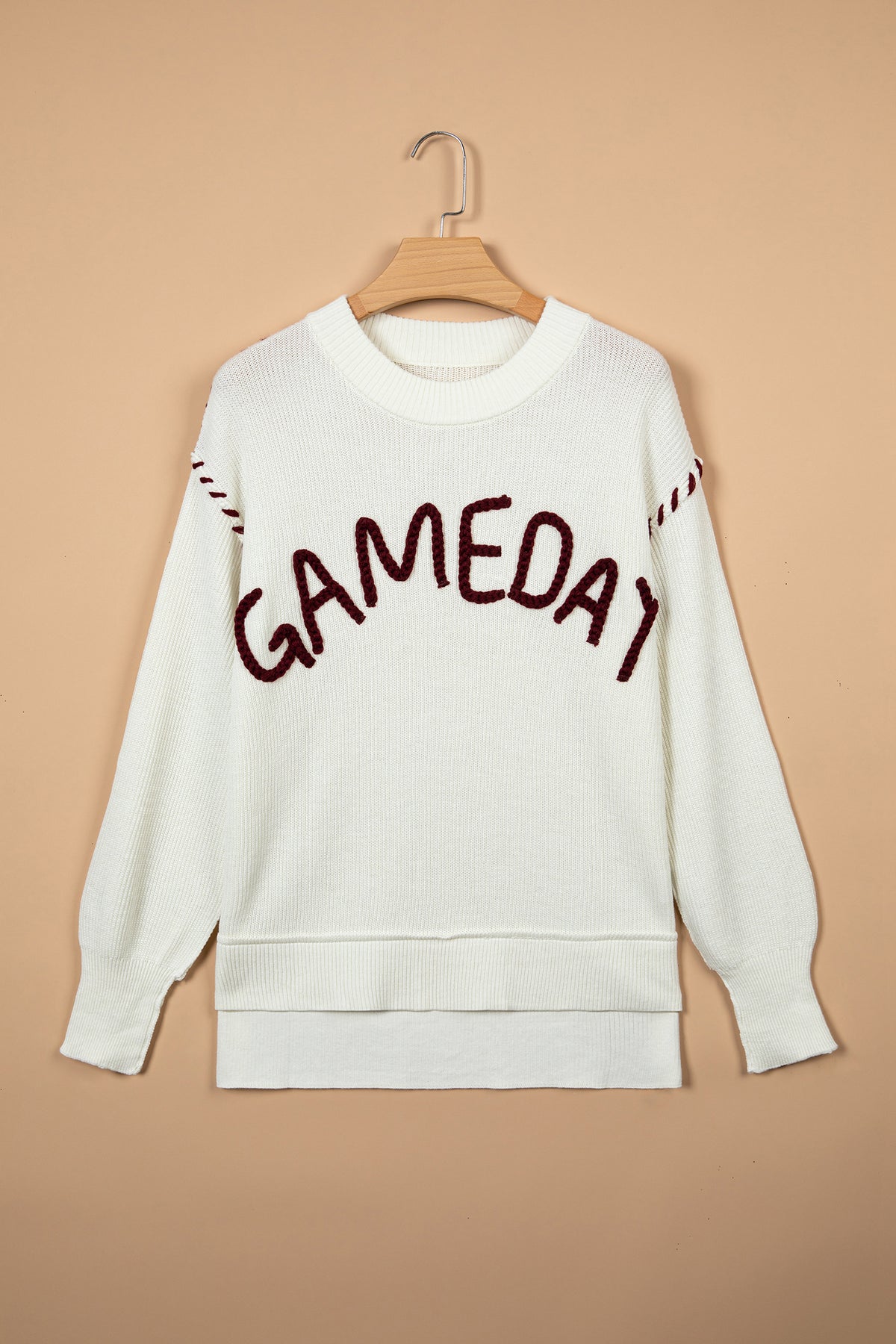 Beige Game Day Embroidered Drop-Shoulder Sweater