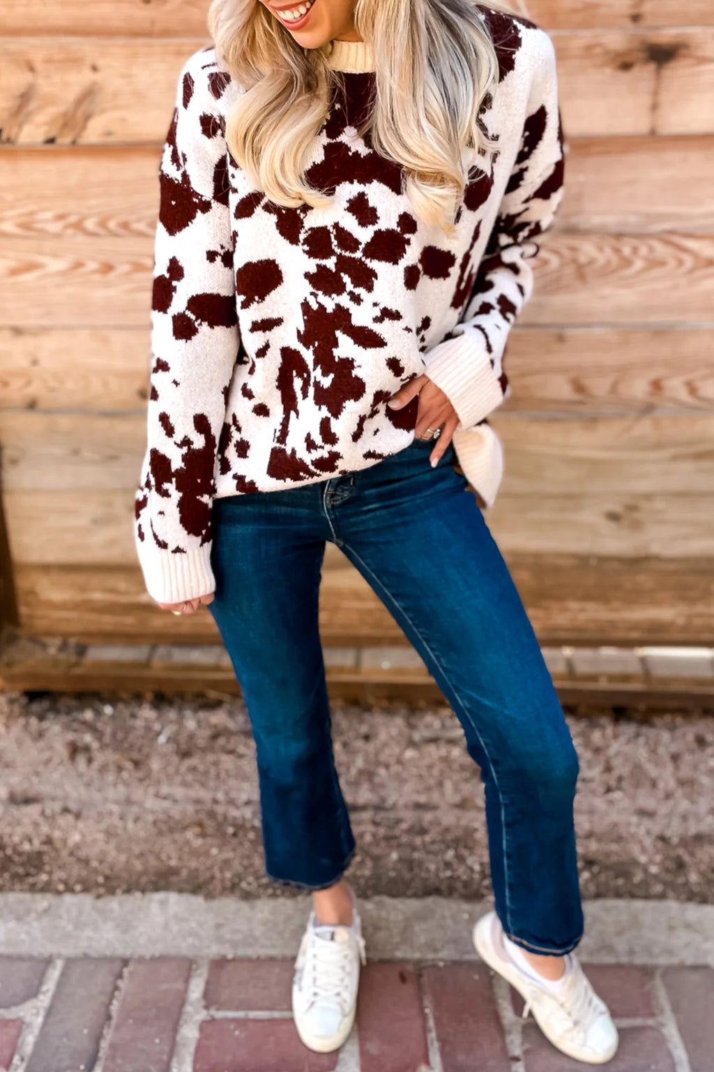 Brown Cow Print Western Knit Sweater