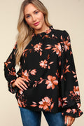 Haptics Floral Frilled Mock Neck Western Blouse — Bubble Long Sleeve Woven Top (small and medium remaining)