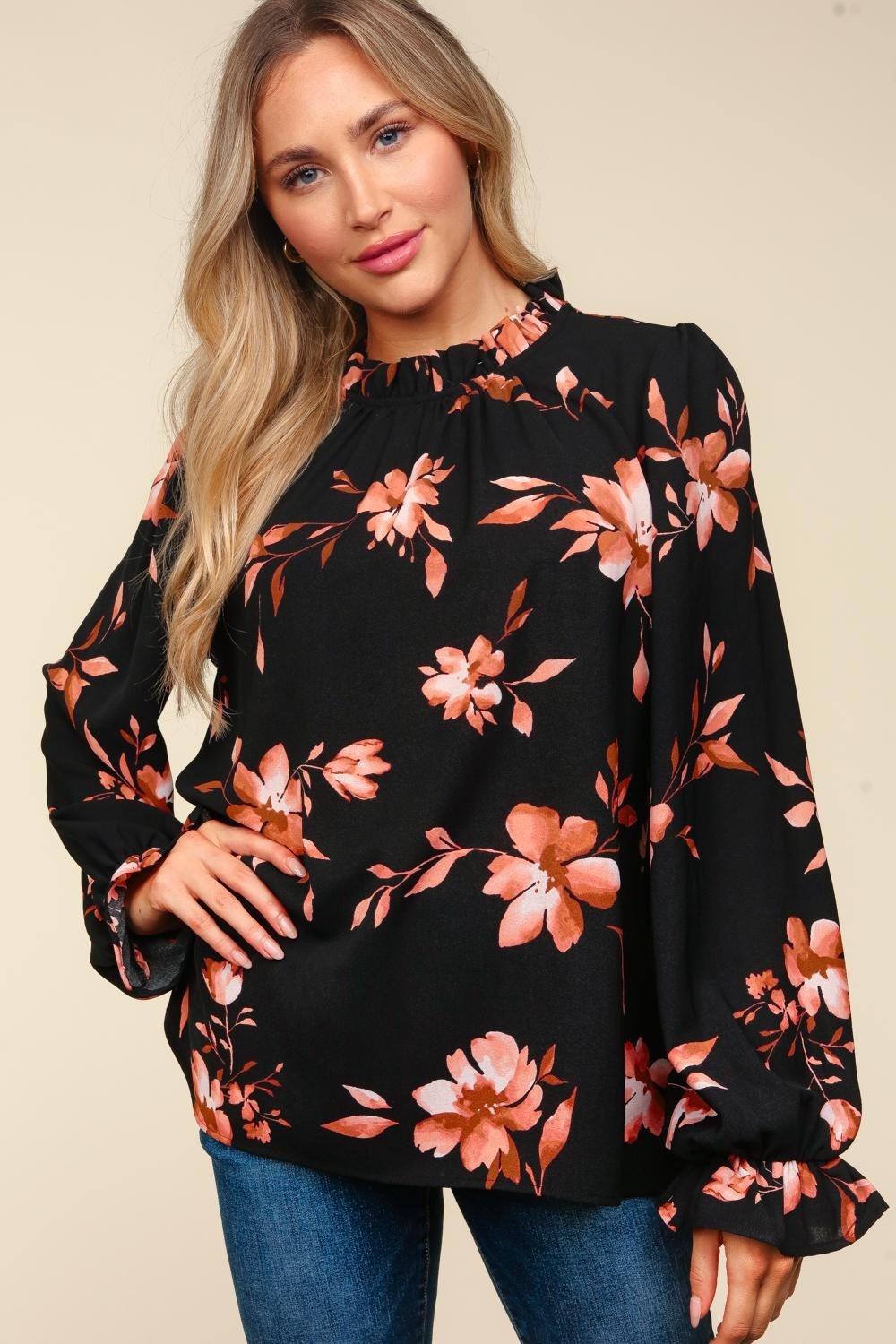 Haptics Floral Frilled Mock Neck Western Blouse — Bubble Long Sleeve Woven Top (small and medium remaining)