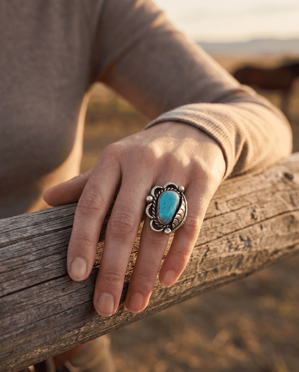 Hand-Stamped Sterling Silver Turquoise Cabochon Ring with Leaf Detail — Size 7