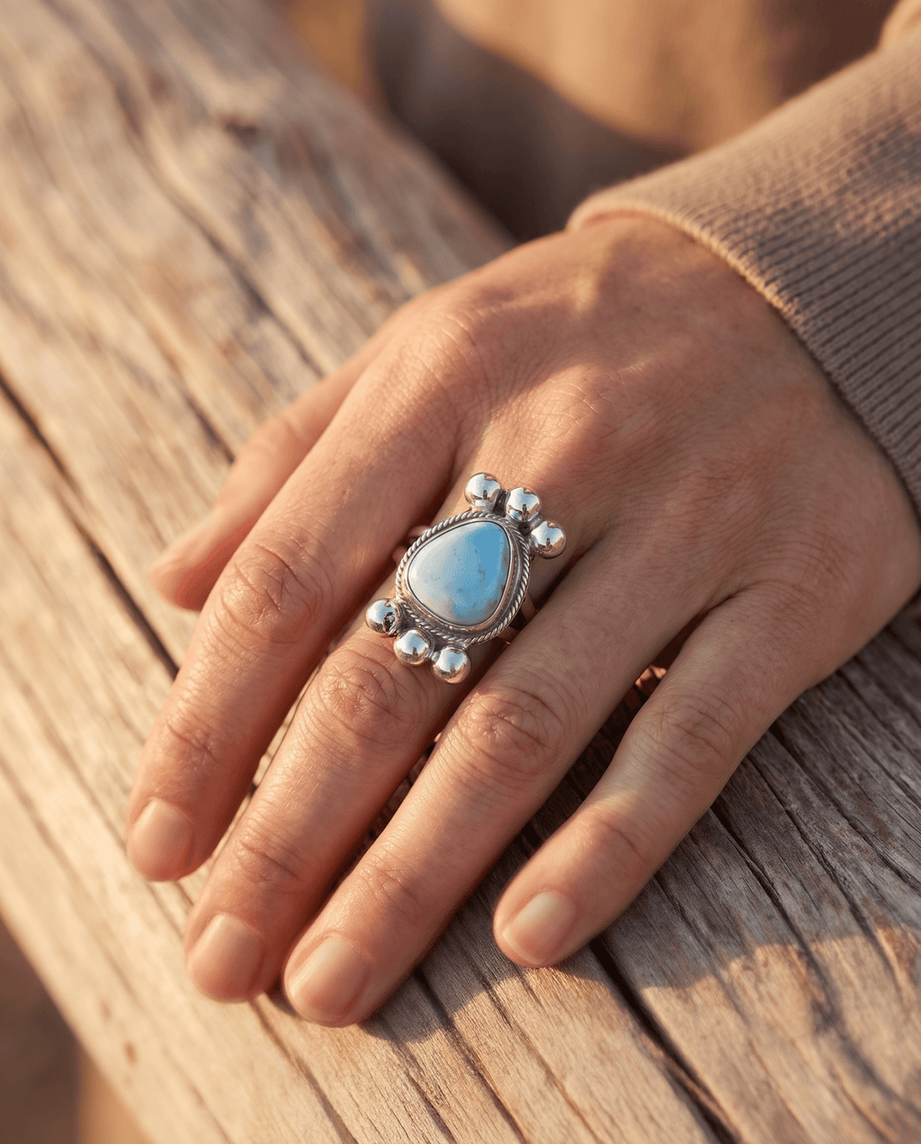 Joelias Draper Navajo Sterling Silver Ring with Golden Hills Turquoise — Adjustable (Hallmarked Draper)