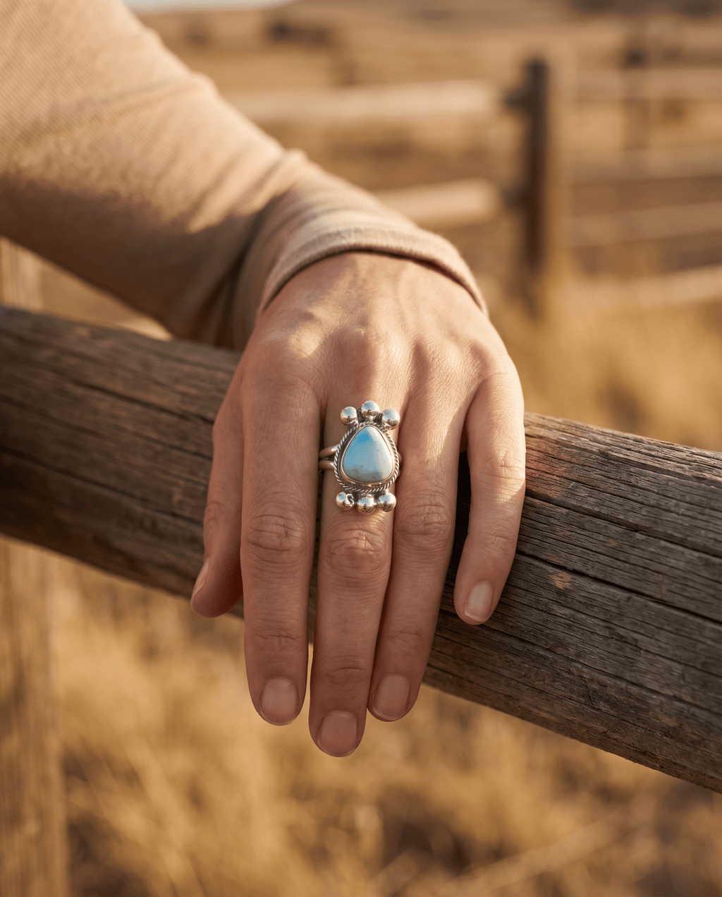 Joelias Draper Navajo Sterling Silver Ring with Golden Hills Turquoise — Adjustable (Hallmarked Draper)