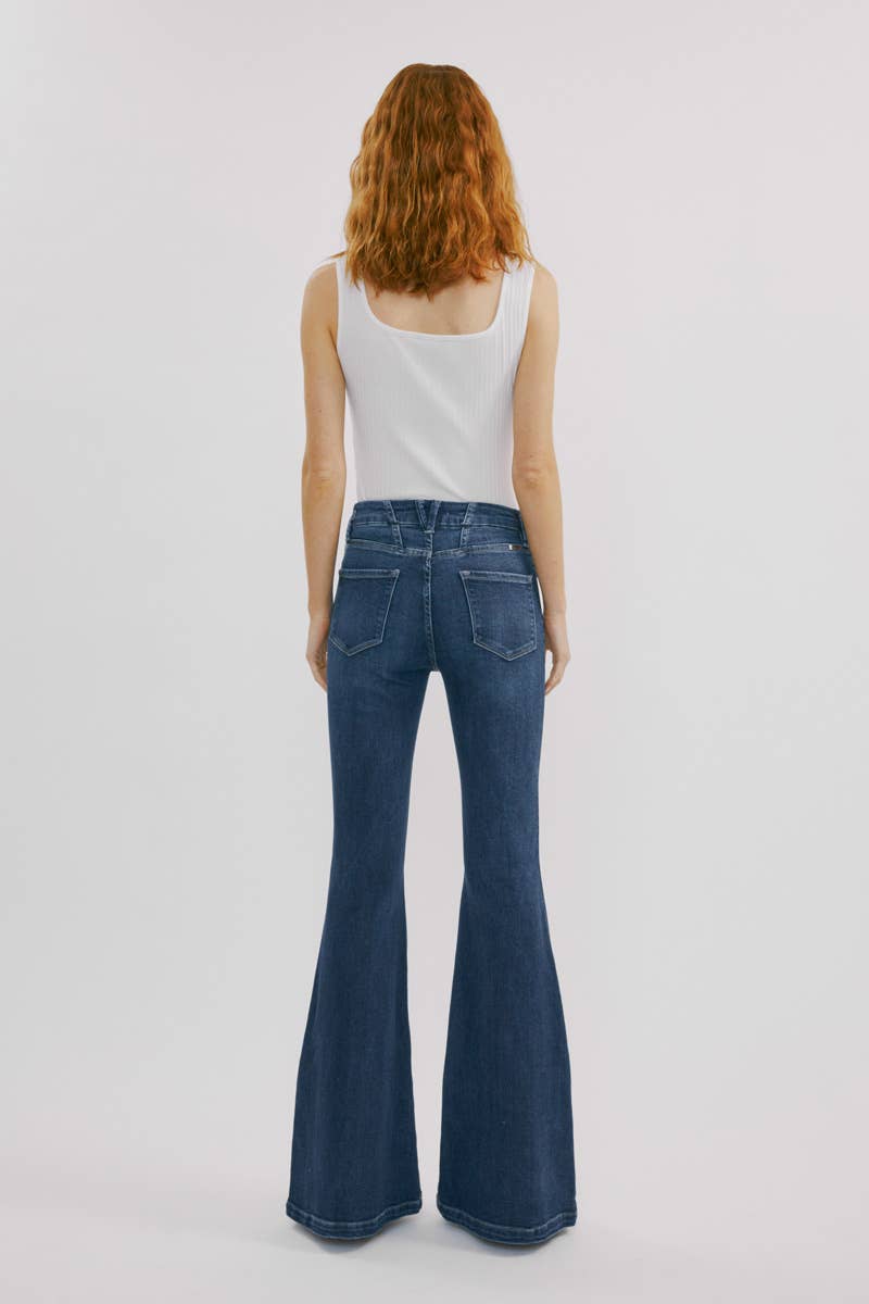 Kan Can High-Rise Super Flare Western Jeans — Dark Wash with Back Waistband Seam Detail & Front Coin Pocket (Size 9 remaining)