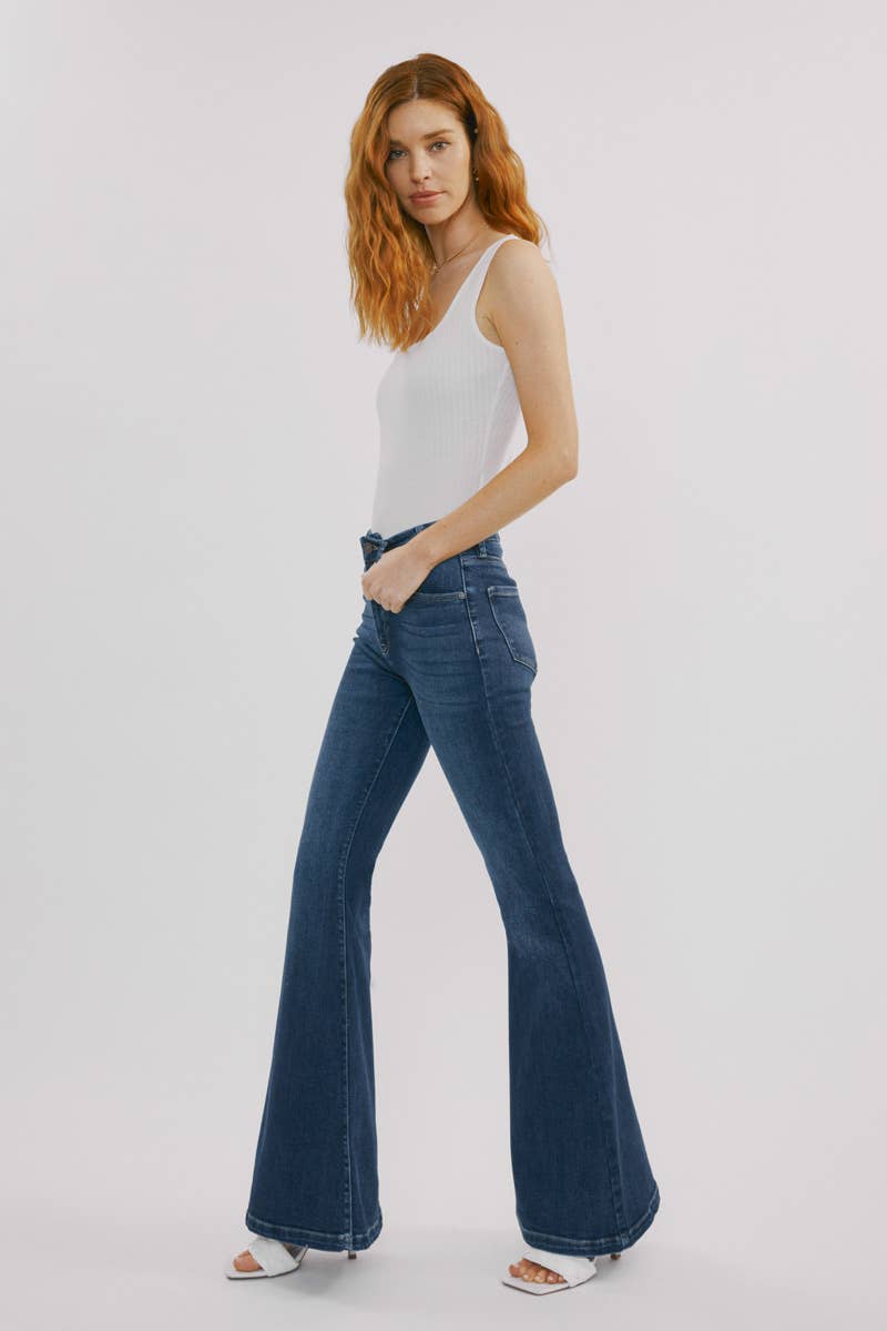 Kan Can High-Rise Super Flare Western Jeans — Dark Wash with Back Waistband Seam Detail & Front Coin Pocket (Size 9 remaining)