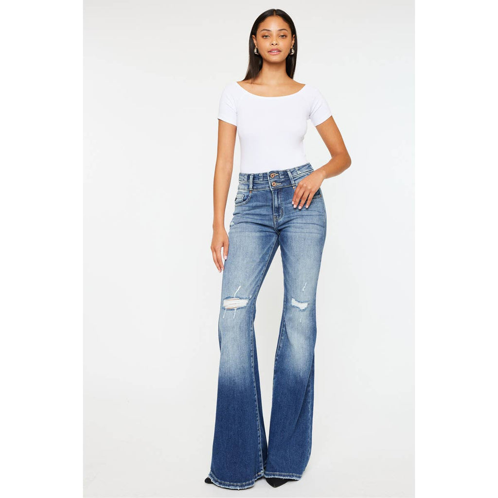 Kan Can High-Rise Super Flare Western Jeans — Dark Stone Wash with Two-Button Zip Fly & Distressed Detailing (Size 7 available)
