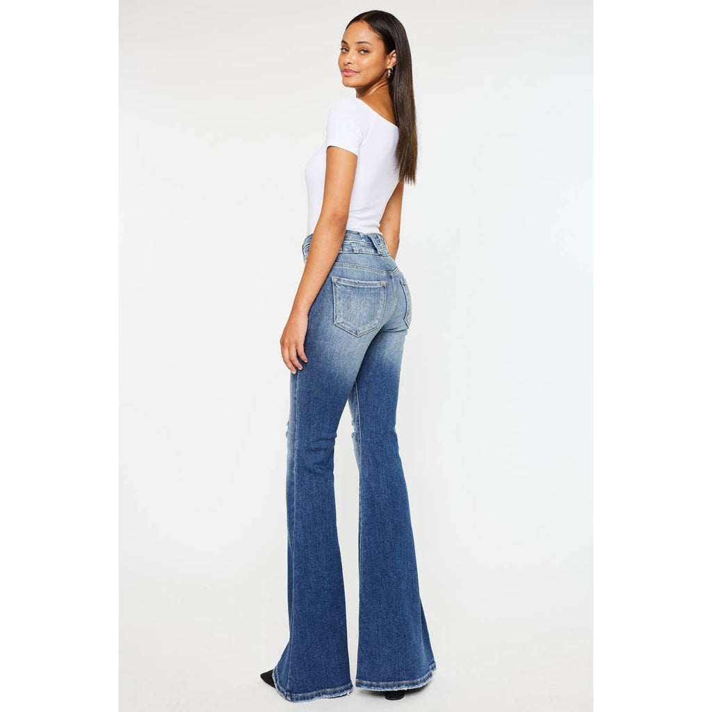 Kan Can High-Rise Super Flare Western Jeans — Dark Stone Wash with Two-Button Zip Fly & Distressed Detailing (Size 7 available)