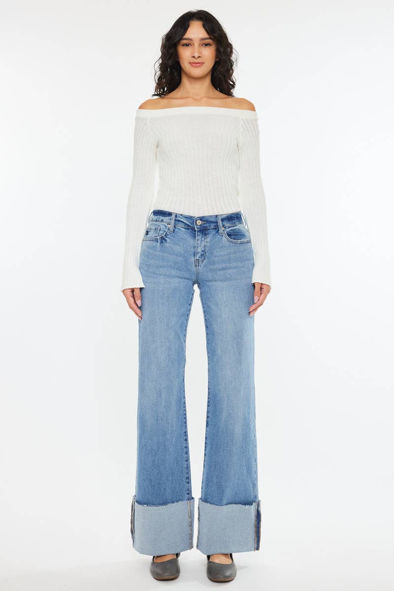 Kan Can Mid Rise Wide Flare Cuff Western Jeans — Medium Wash Stretch Denim, 5 Pocket, Cuffed Raw Hem (sizes 1, 11 and 13 remain)