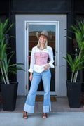 Kan Can Mid Rise Wide Flare Cuff Western Jeans — Medium Wash Stretch Denim, 5 Pocket, Cuffed Raw Hem (sizes 1, 11 and 13 remain)