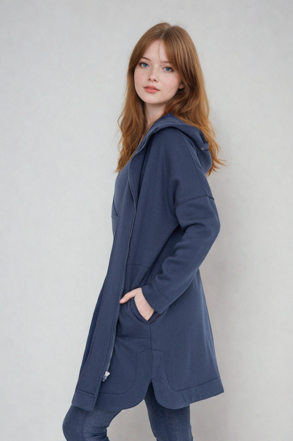 Cozy Comfort Longline Zip Hoodie - Teal Navy