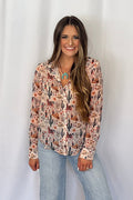 Blue B "Painted Desert" Western Chiffon Button-Up Blouse — Lightweight Semi-Opaque Desert Print (small remains)