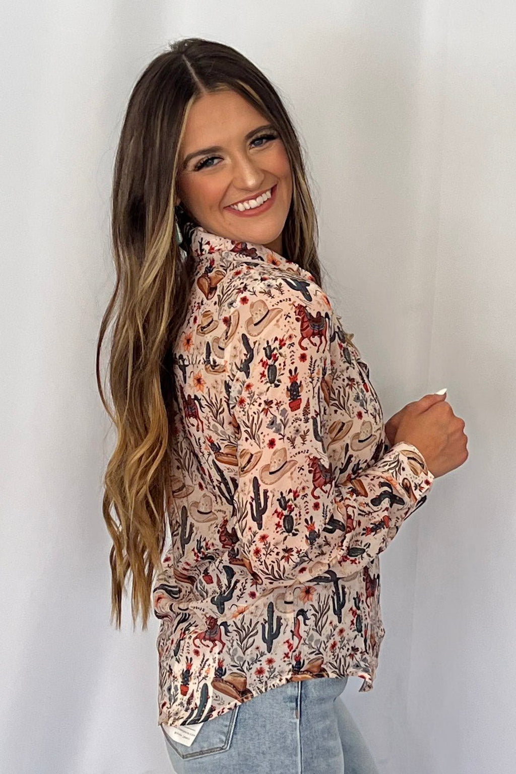 Blue B "Painted Desert" Western Chiffon Button-Up Blouse — Lightweight Semi-Opaque Desert Print (small remains)