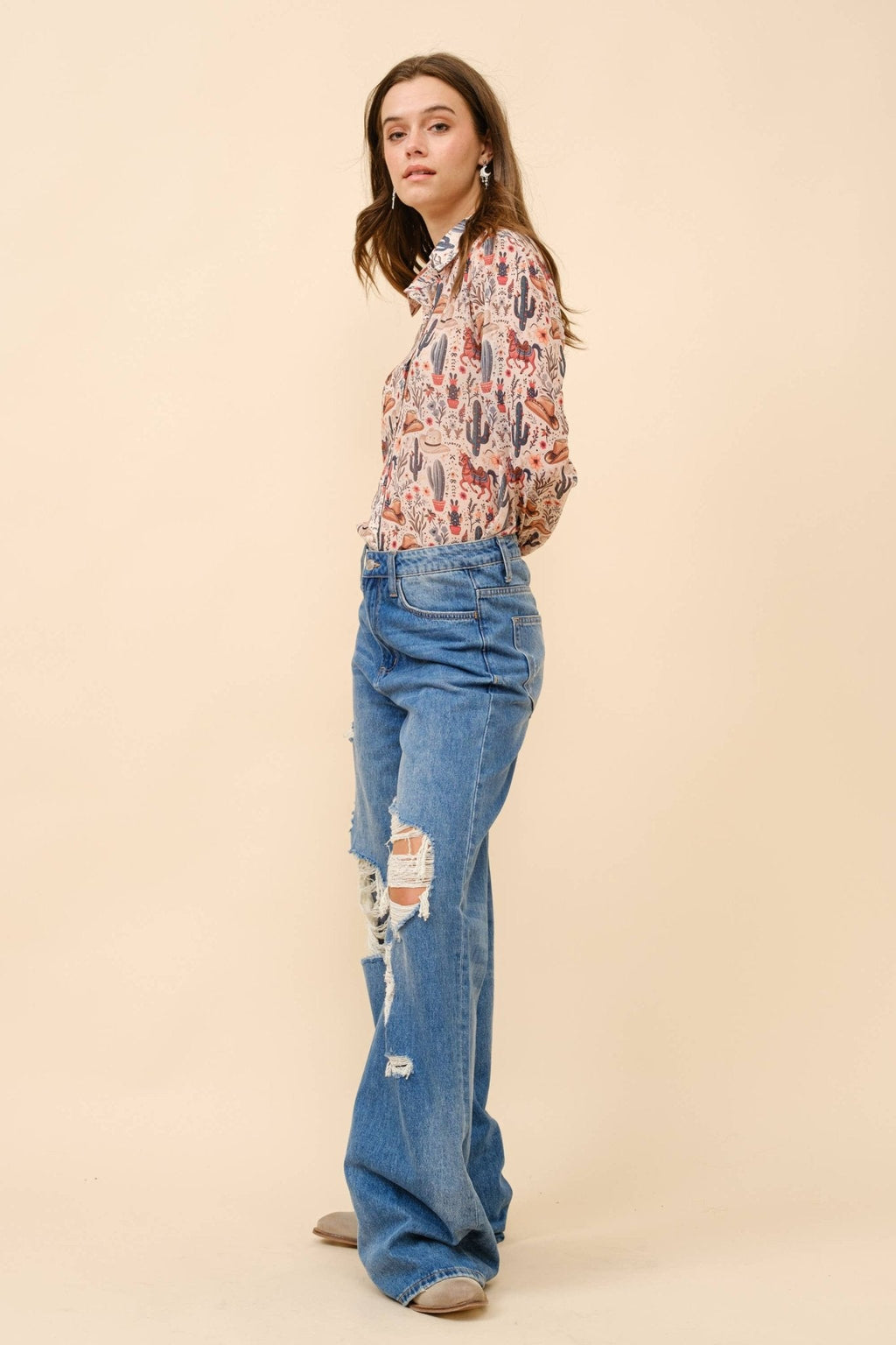 Blue B "Painted Desert" Western Chiffon Button-Up Blouse — Lightweight Semi-Opaque Desert Print (small remains)