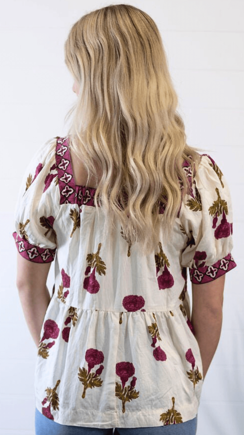 Umgee "Prairie Marigold" Western Boho Blouse — Embroidered Contrast Trim with Square Neck & Puff Sleeves (Red & Olive Floral)