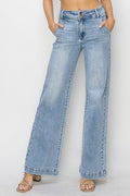 Risen Double Button Wide-Leg Western Jeans — High-Rise Trouser Style with Slash Front and Back Pockets - Sizes 9, 11, 13 and 15 remain