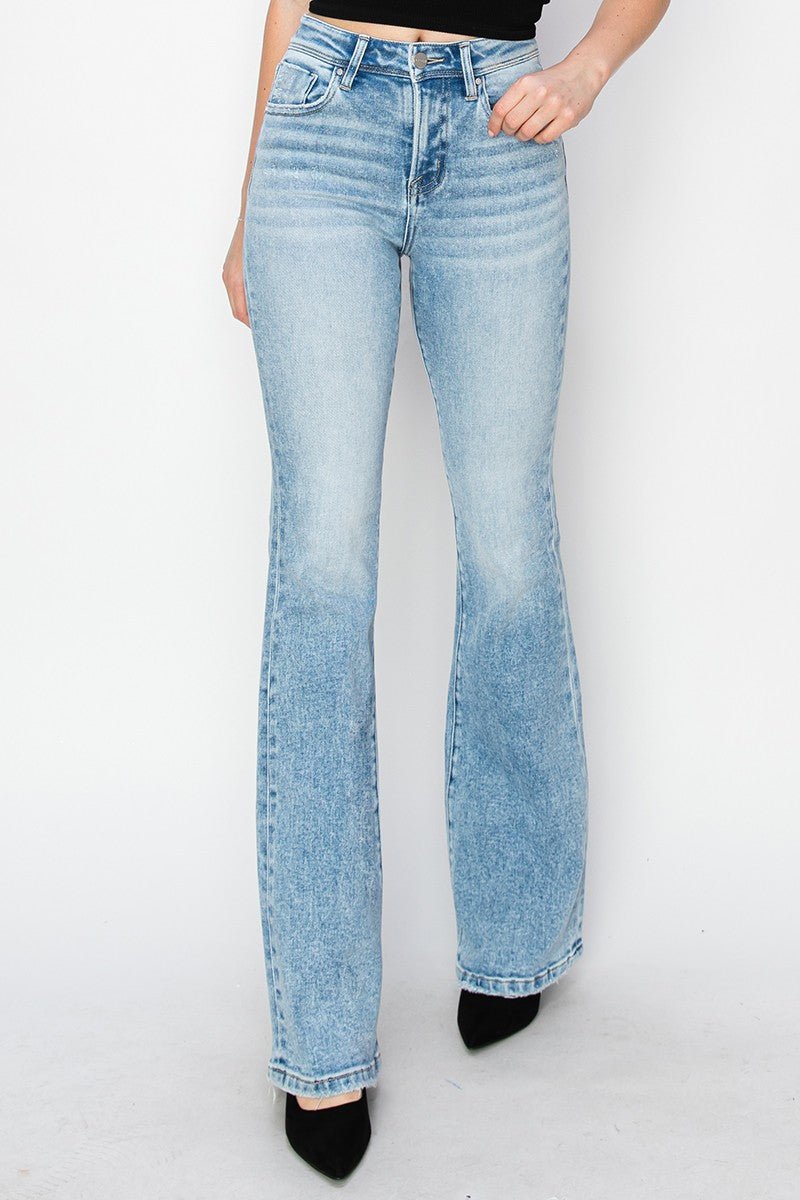 Risen High-Rise Bootcut Western Jeans — Light Wash with Light Distressing & Modern Cowgirl Silhouette (Sizes 1, 5, 9 and 15 remaining)
