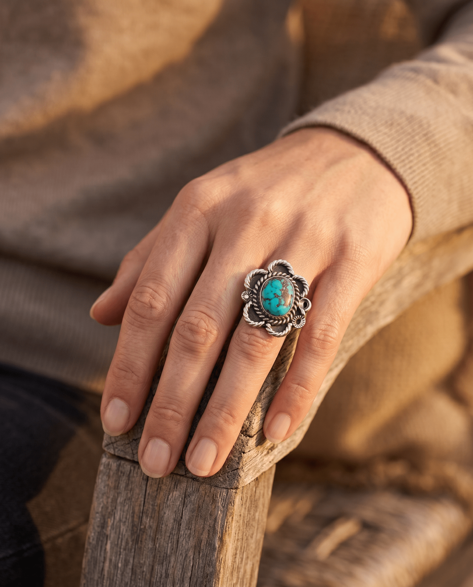 Turquoise Cabochon Sterling Silver Flower-Base Ring — Size 5