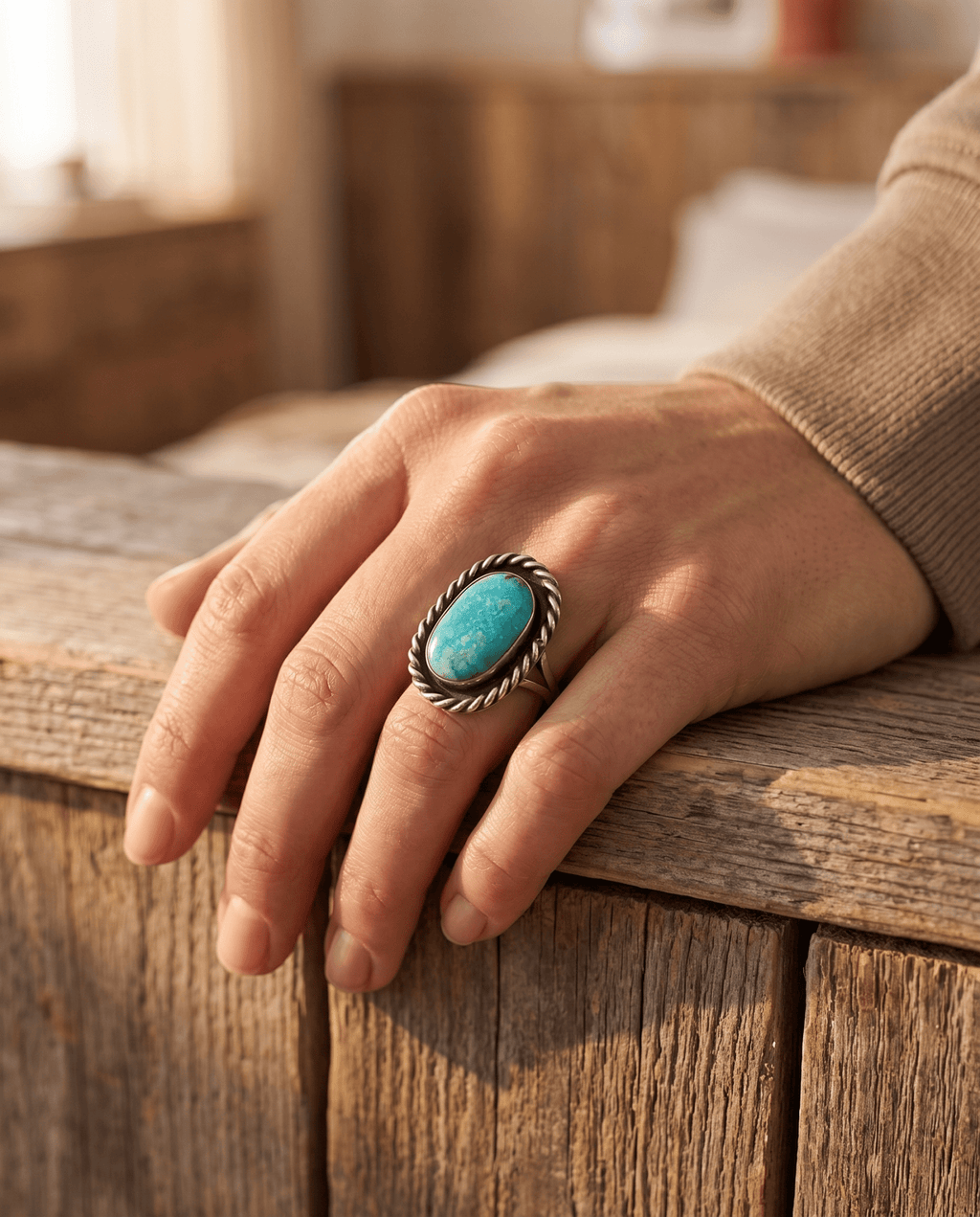 Vintage Sterling Silver Waterweb Blue Turquoise Cabochon Ring — Size 10.5