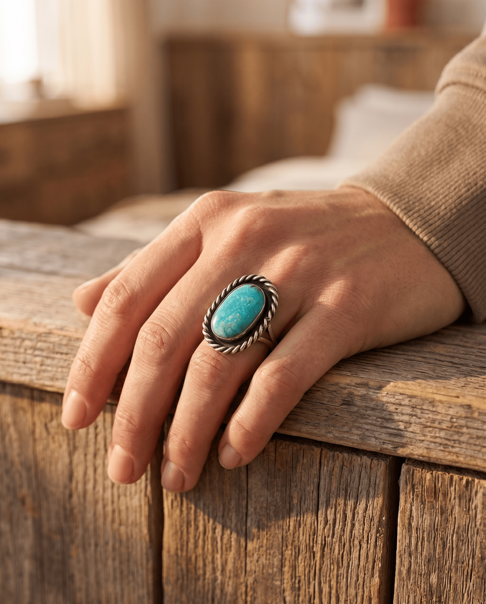 Vintage Sterling Silver Waterweb Blue Turquoise Cabochon Ring — Size 10.5
