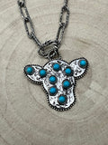 Western Cow Head Pendant Necklace with Faux Turquoise — 18 Inch