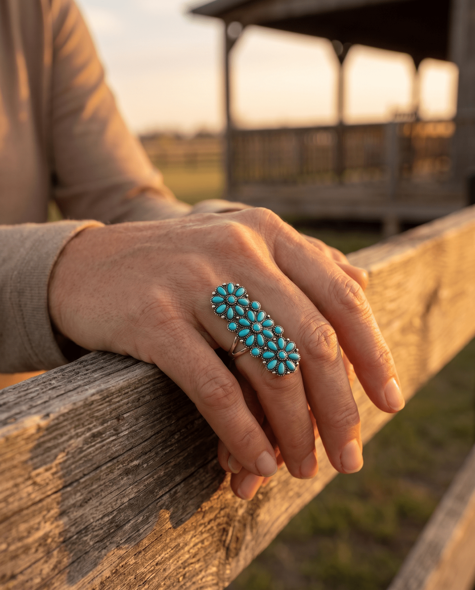 Western Desert Bloom Cluster Adjustable Ring — Faux Turquoise Hand Statement
