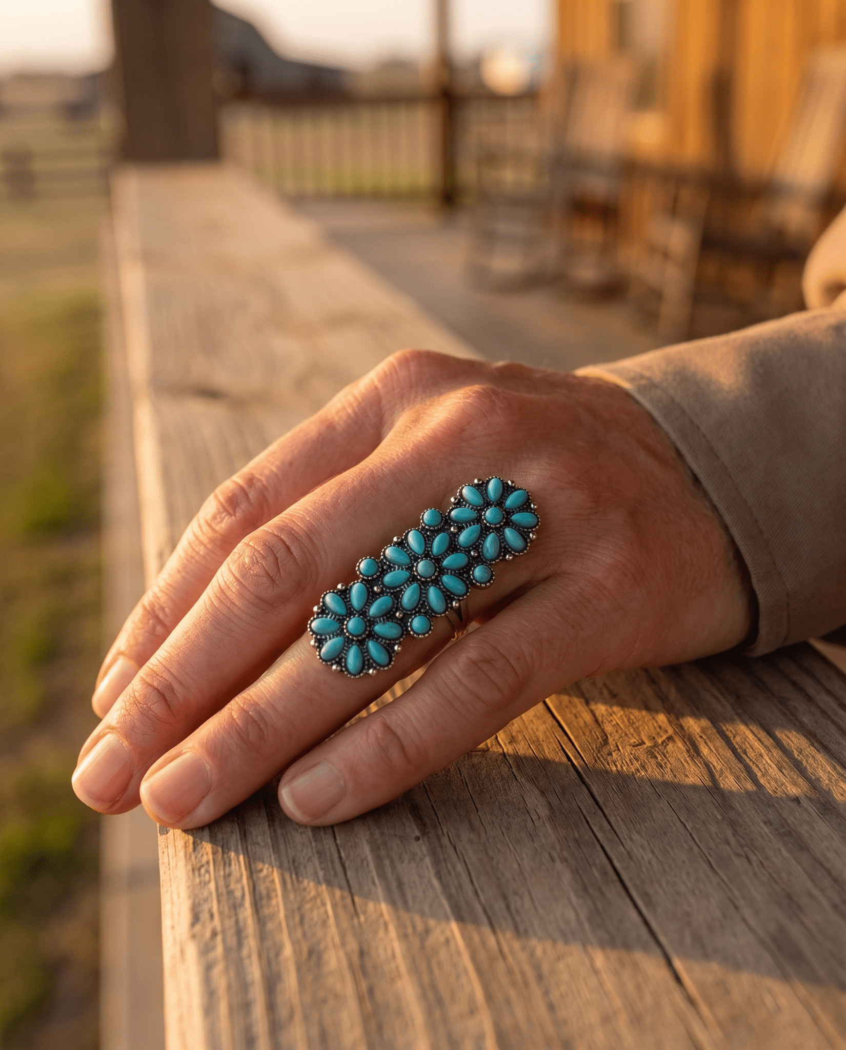 Western Desert Bloom Cluster Adjustable Ring — Faux Turquoise Hand Statement