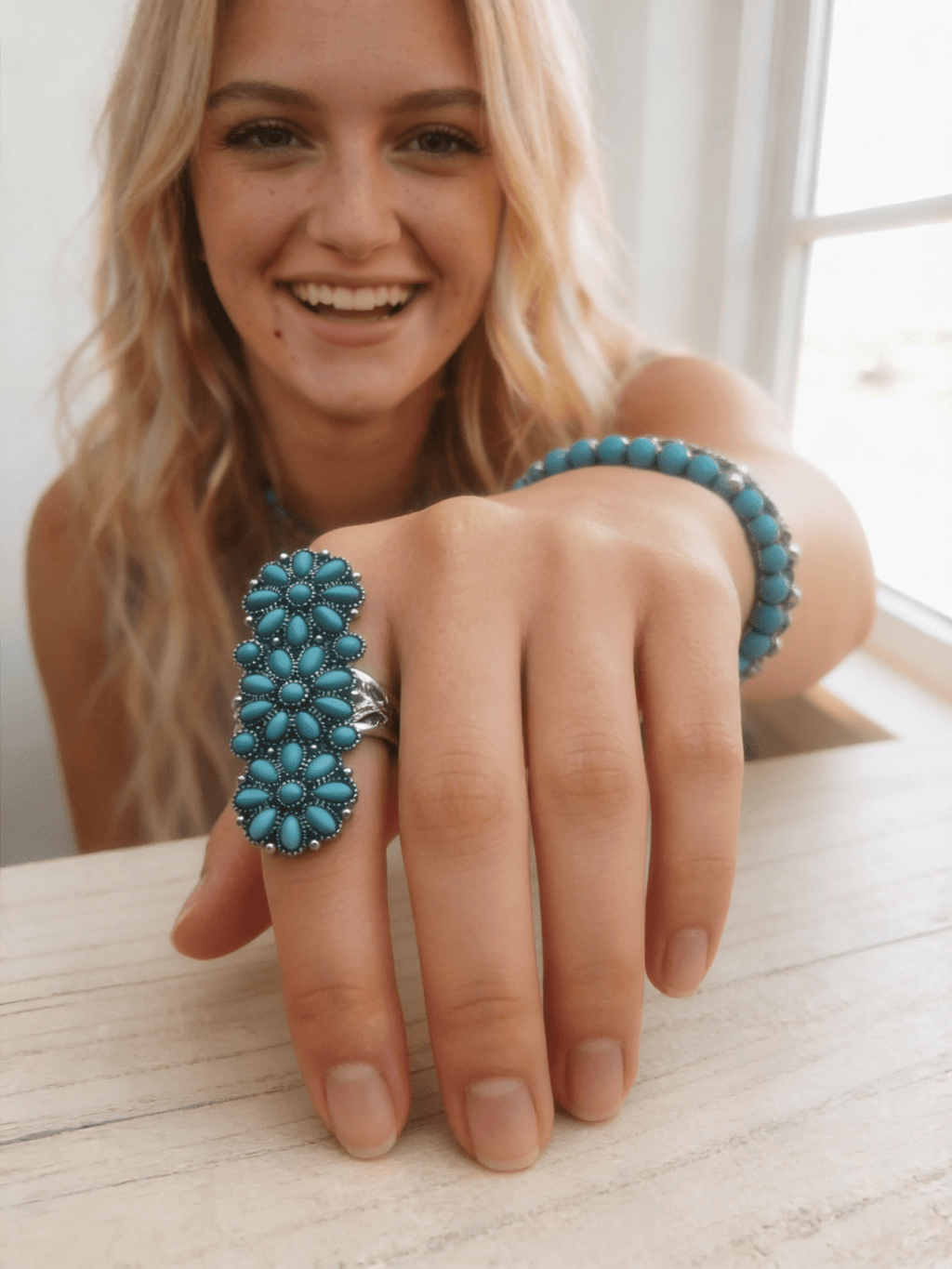 Western Desert Bloom Cluster Adjustable Ring — Faux Turquoise Hand Statement