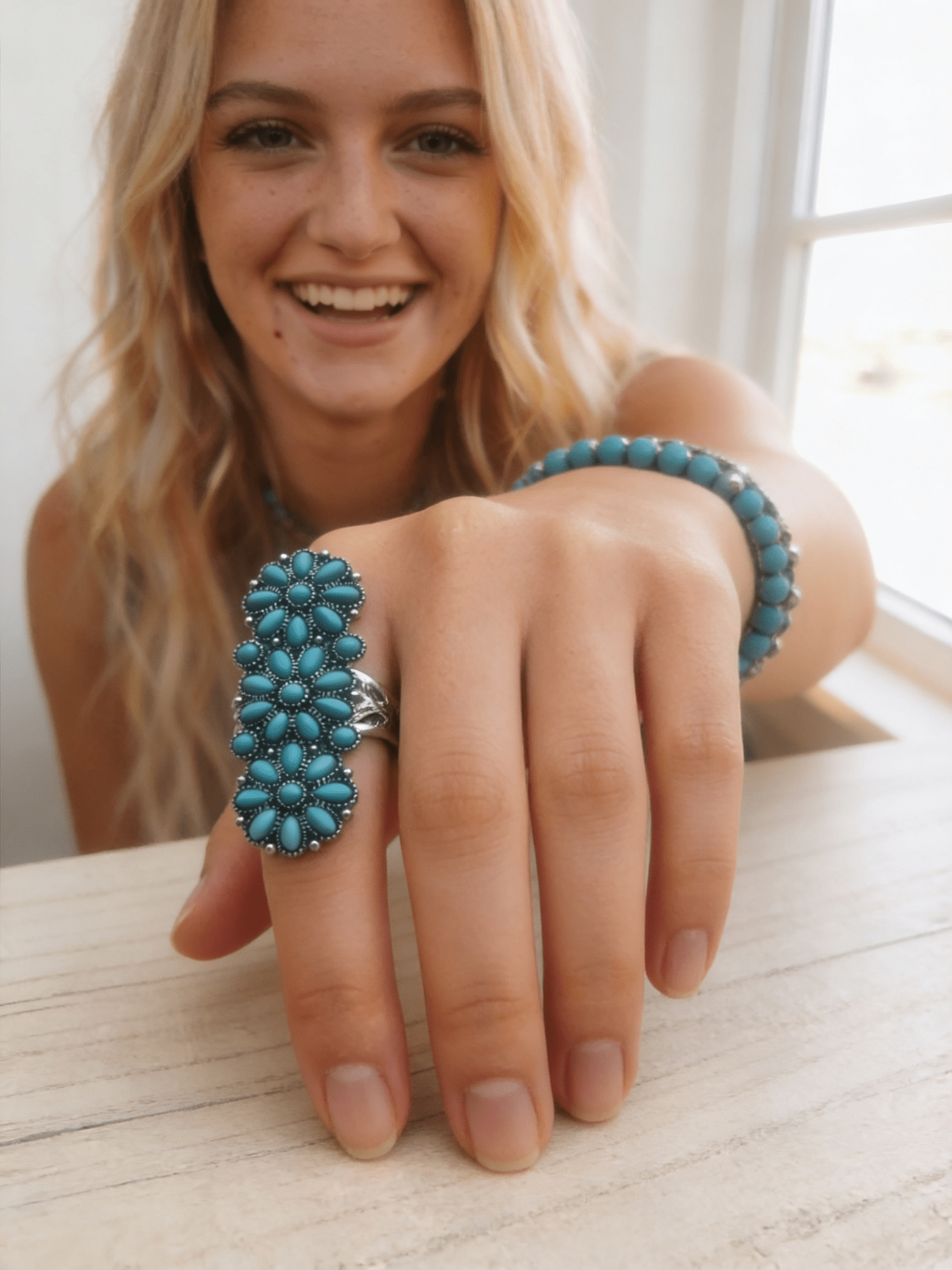 Western Desert Bloom Cluster Adjustable Ring — Faux Turquoise Hand Statement