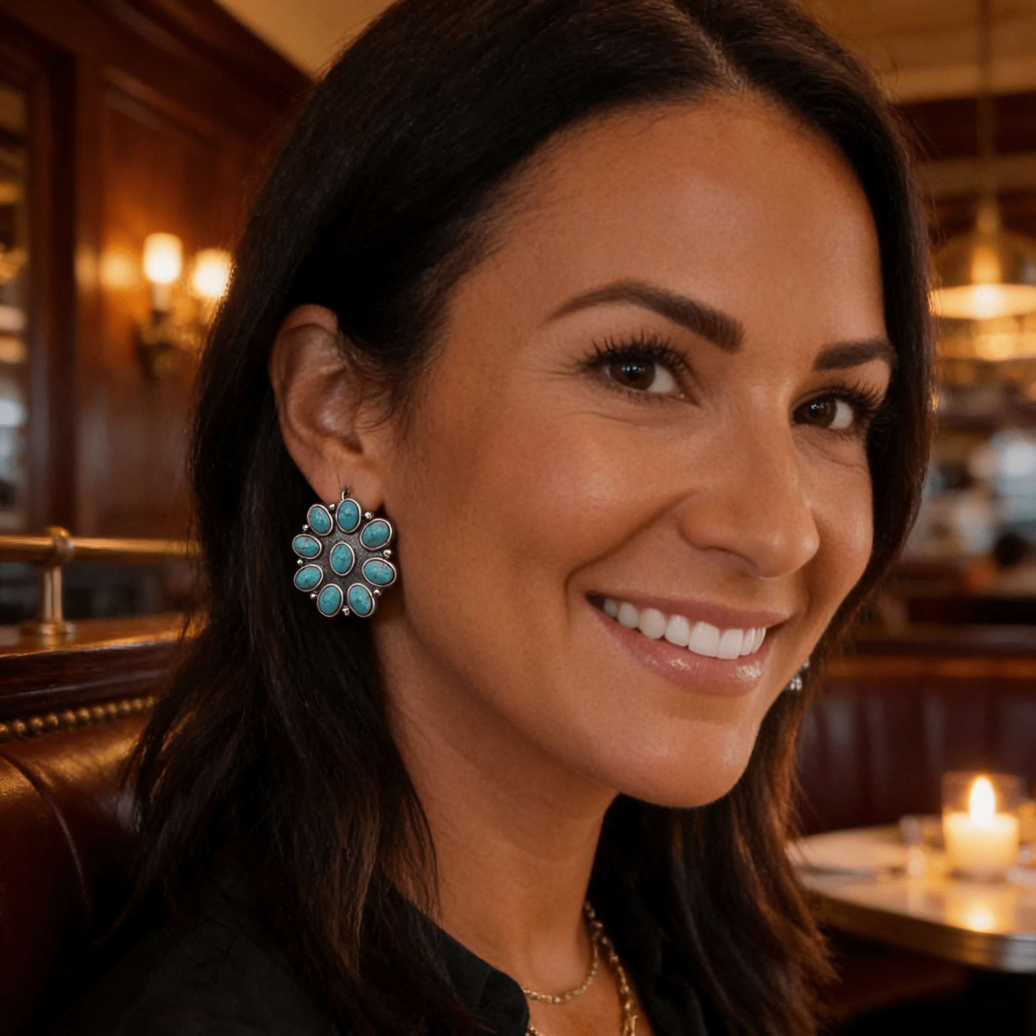 Western Faux Turquoise Cluster Earrings — Oxidized Silver 1" Statement